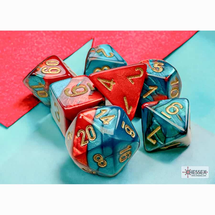 7CT MINI-POLYHEDRAL DICE SET: GEMINI RED-TEAL WITH GOLD