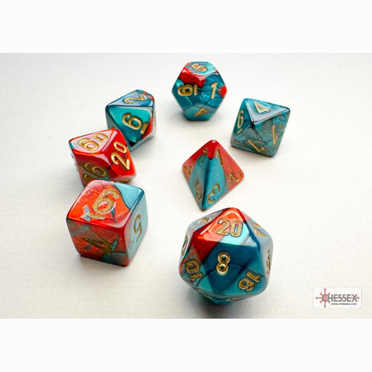 7CT MINI-POLYHEDRAL DICE SET: GEMINI RED-TEAL WITH GOLD
